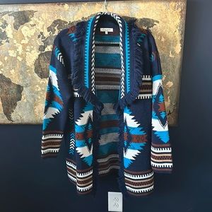 CocoGio Aztec Fringe Open Front Cardigan Size Medium Blue/Multi color